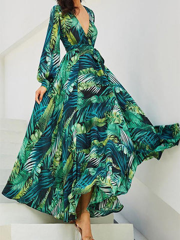 Maxi Robe en Mousseline Imprimé Feuilles Tropicale Fluides Vert Bohème